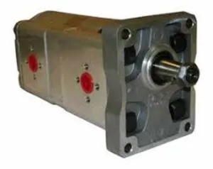 Metal hydraulic tandem pump with red connectors